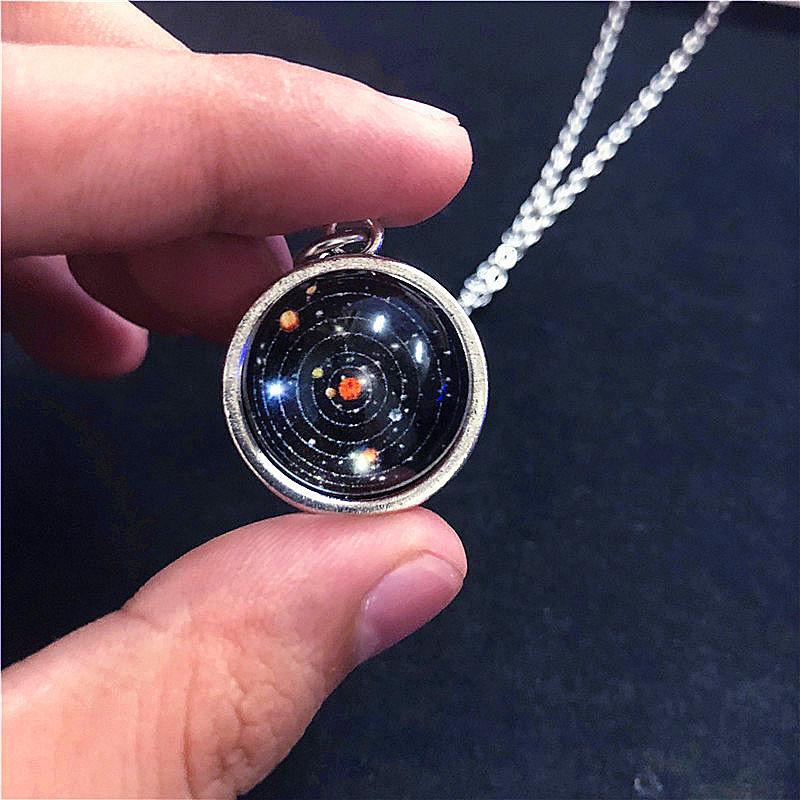 

Trendy Personality Solar System Universe Starry Sky Double-sided Glass Ball Pendant Necklace for Women Men Collar Chain Jewelry серебряный