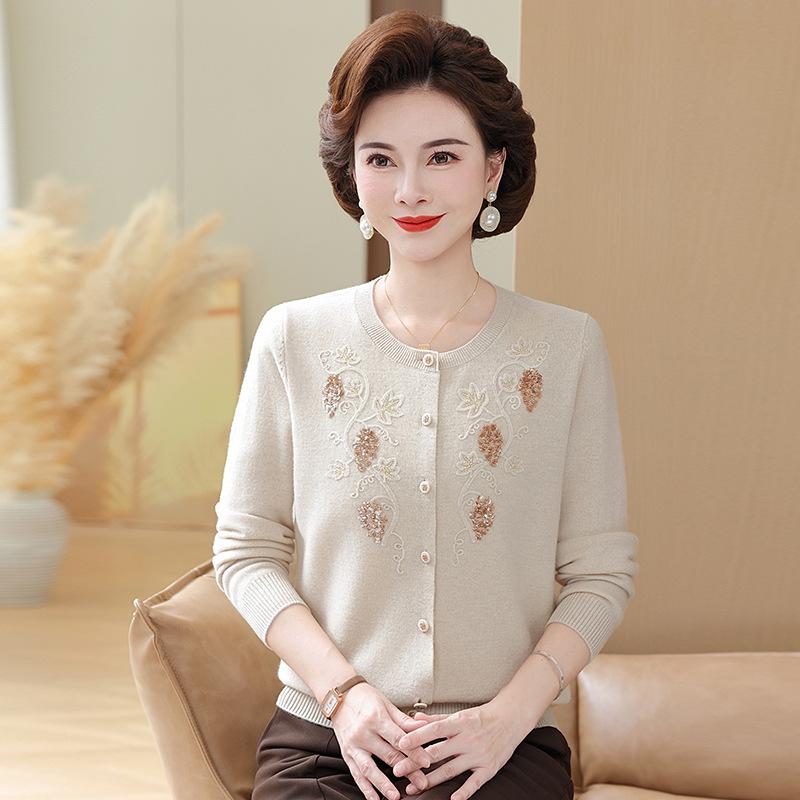 Mom's Elegant Embroidered Wool Cardigan - Stylish Knit Sweater for Middle-Aged and Elderly Women, Perfect for Spring and Autumn.