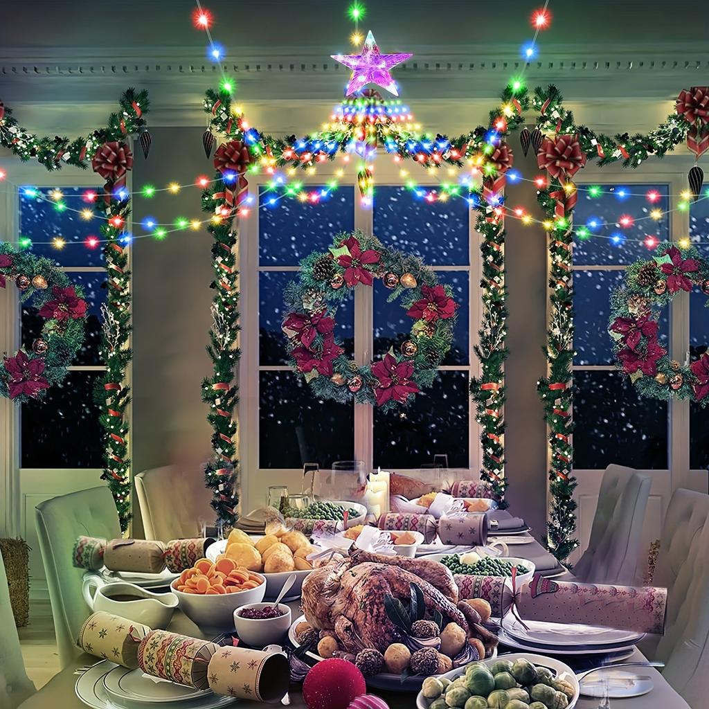 9.8Ft Waterfall String Lights With  Star Topper, 8Modes Indoor Outdoor Fairy Lights For Yard Party Home Garden Christmas Tree