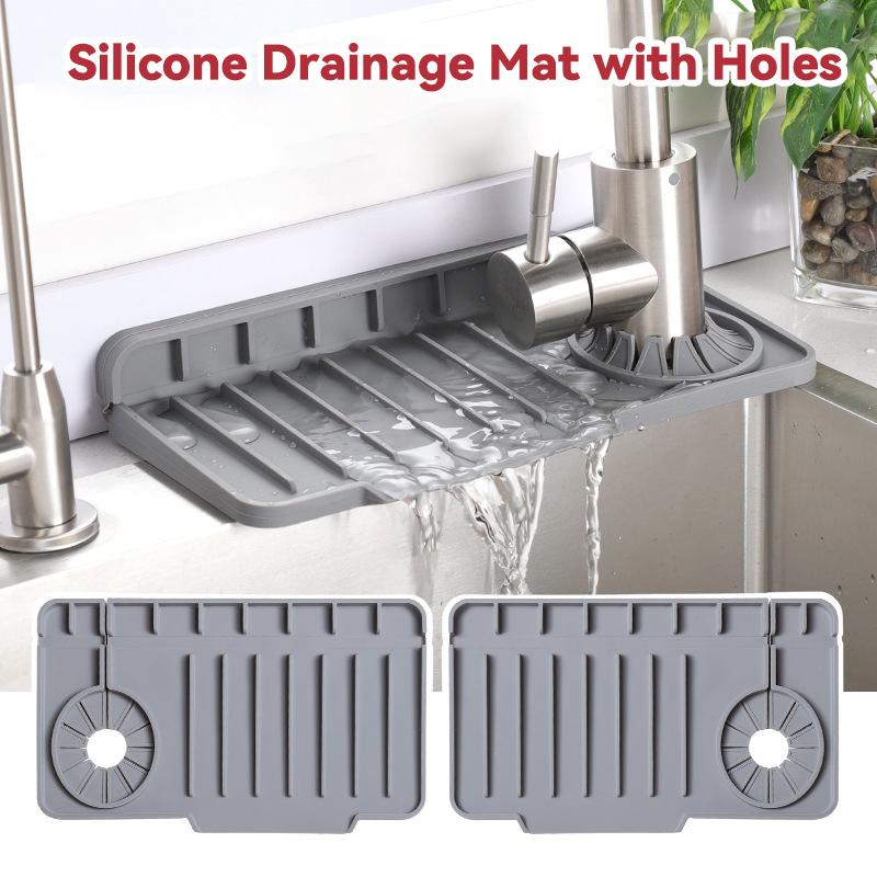 New Silicone Faucet Drain Pad Side Hole Sink Drain Mat Slope Drainage Dishwashing Sink Water Barrier Pad Square Shape