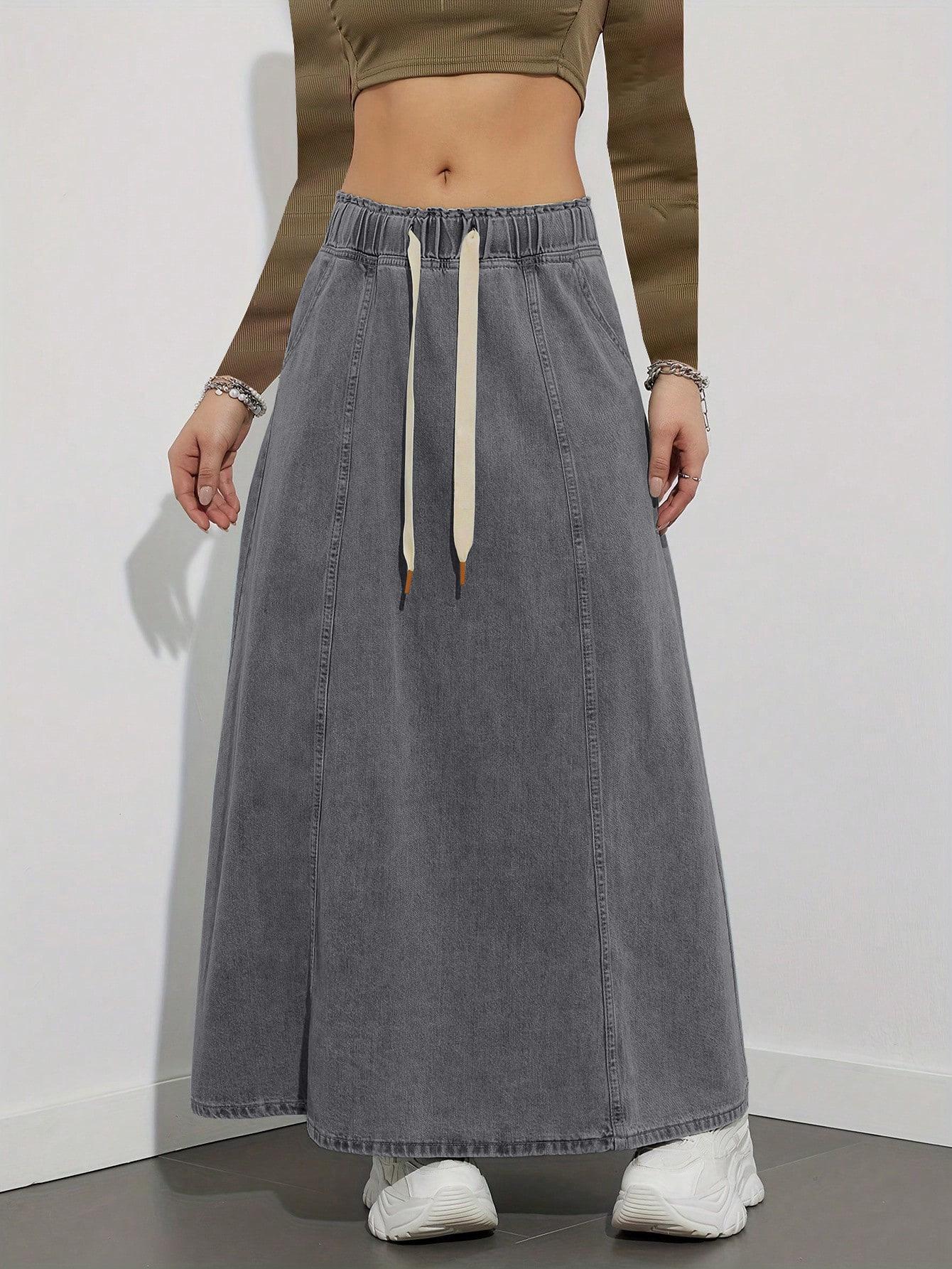 

Юбка-свитер из денима с эластичной резинкой на талии : Женская повседневная длинная юбка с американским дизайном. XXL