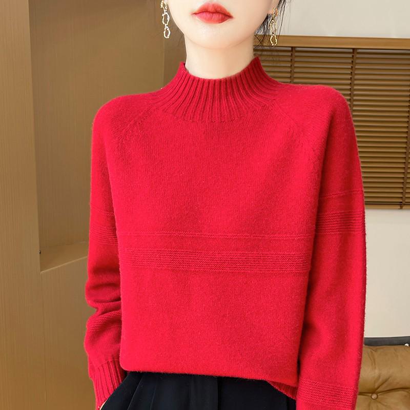 2026 Autumn/Winter Women's Thick Knit Wool Pullover: Half-High Collar, Long Sleeve, Loose Fit.
