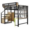 Metall-Hochbett 140 × 200 cm, Mit Schreibtisch, Regal und Netz, Komplett mit Sicherheitsleiter, LED-Beleuchtung und Steckdose, Erhöhte Bettreling, Schwarz