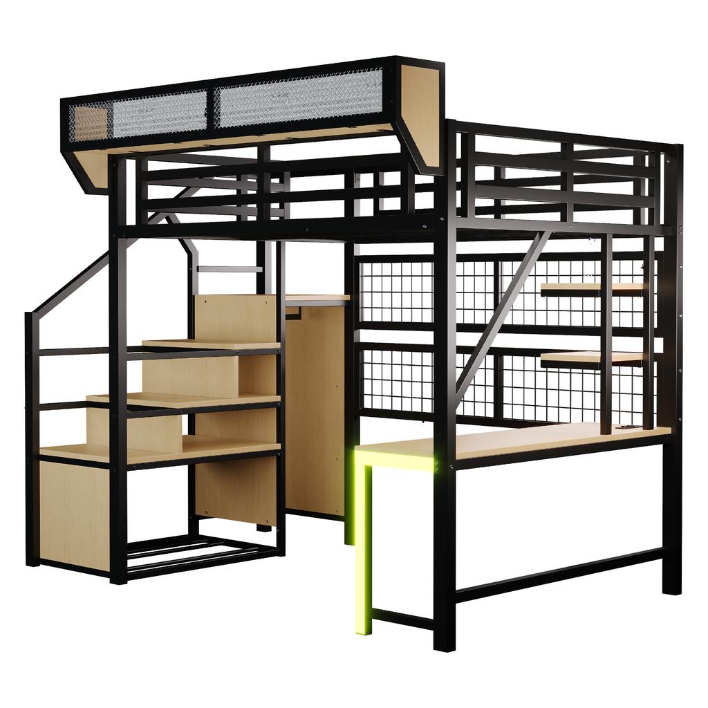 Metall-Hochbett 140 × 200 cm, Mit Schreibtisch, Regal und Netz, Komplett mit Sicherheitsleiter, LED-Beleuchtung und Steckdose, Erhöhte Bettreling, Schwarz
