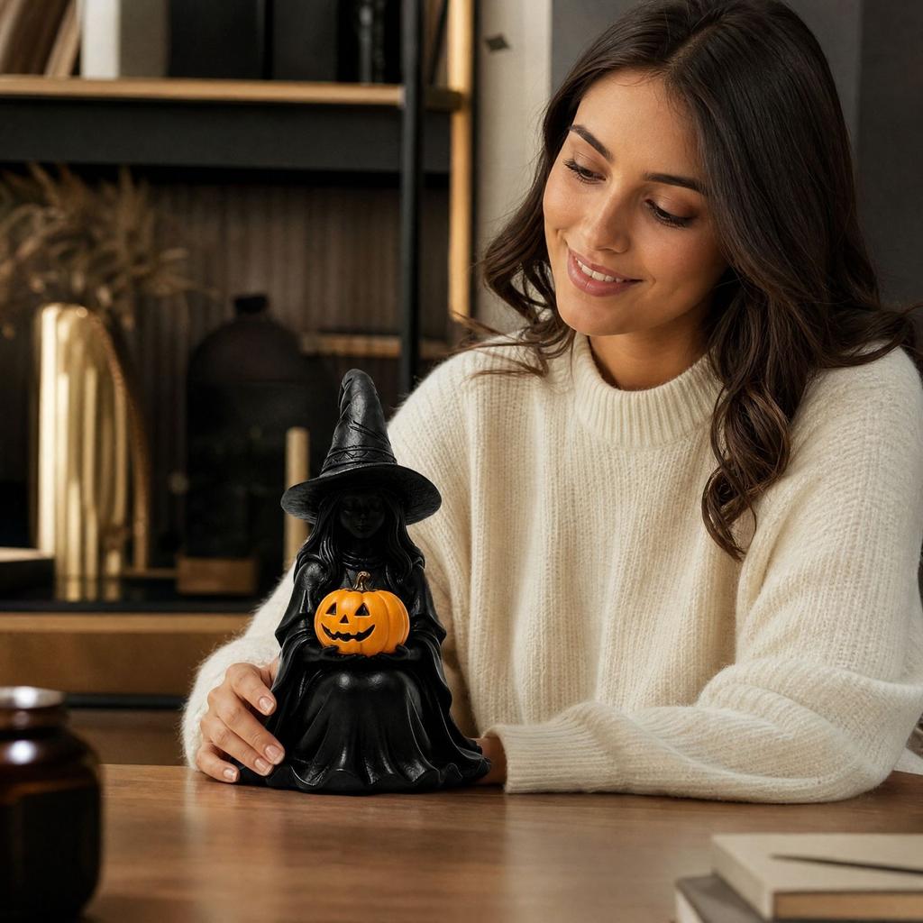 Halloween Witch Figurine Holding Pumpkin Resin Decor for Fall Home Shelf Table Ornament