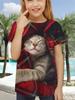 Fun Girl T-shirt Summer Short Sleeved Top Cartoon Animal Cat 3D Printing 2025 Girl Clothing