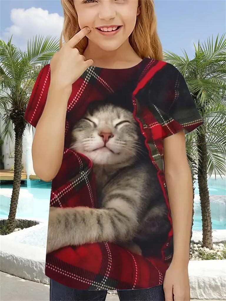 Fun Girl T-shirt Summer Short Sleeved Top Cartoon Animal Cat 3D Printing 2025 Girl Clothing