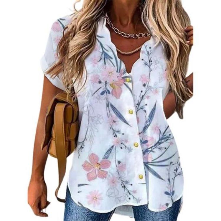 

Floral Print Summer Blouse with Petal Neckline Single Breasted Large Buttons Fashion Streetwear S розовый