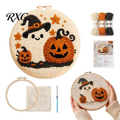 Punch Needle Kit for Beginners Halloween Kit, Pumpkin Ghost Craft with Theme Needlepoint Set Embroidery Hoop, Easy Art Project Adults