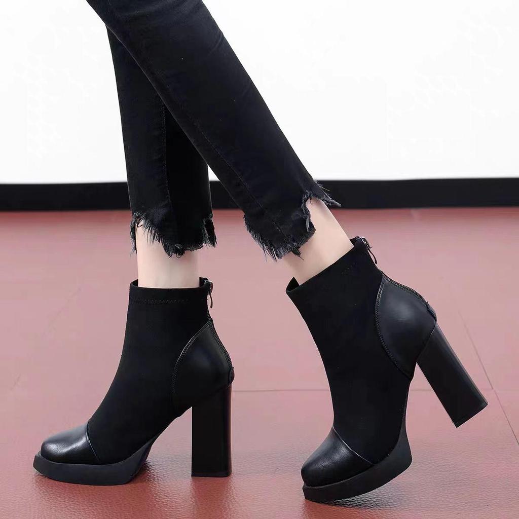 Women's High-Heel Platform Stretch Boots: Autumn/Winter Fashion, Ankle-Length, Thick Sole, Spliced Design.