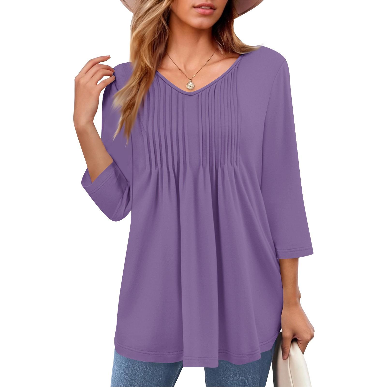 

Жіночі топи з V-подібним вирізом, рукавами три чверті, смугасті плісовані повсякденні літні модні сорочки-топи L фіолетовий