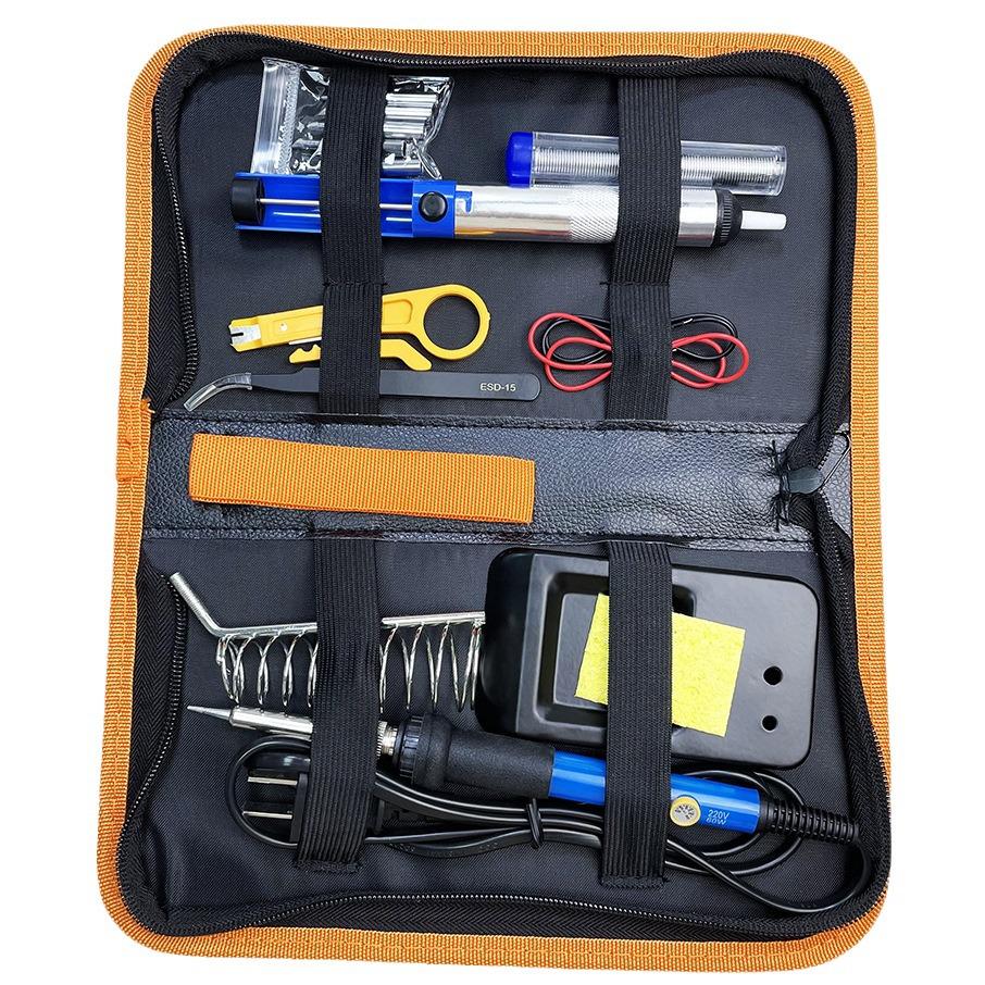16-Piece Adjustable Temperature Electric Soldering Iron Set with PU Cloth Bag. Ideal for Welding and Repair Projects.