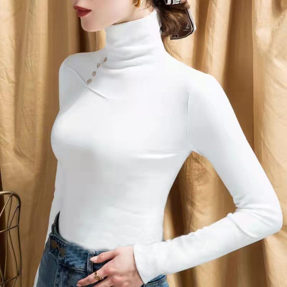 Women s Turtleneck Long Sleeve Slim Fit Elegant Basic Top Button Decor Thermal Fleece Blouse S
