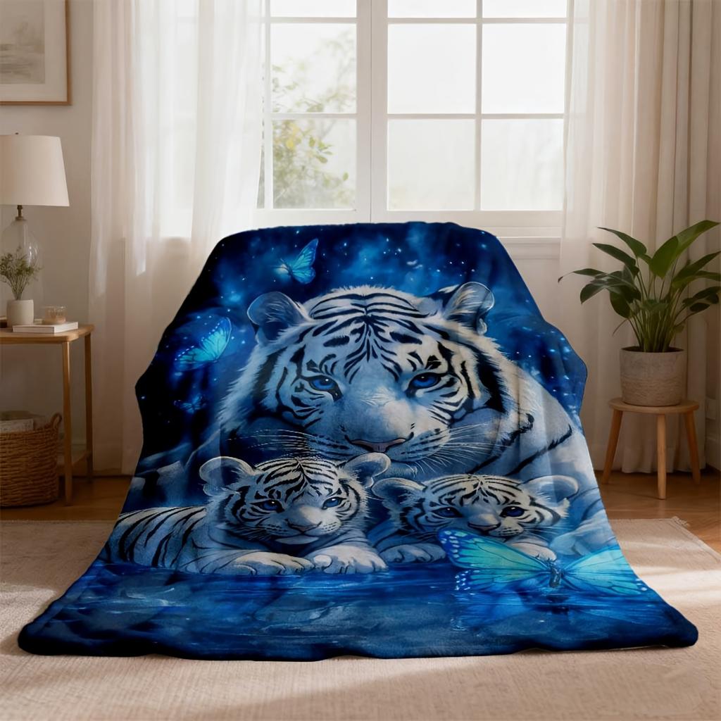 Adorable Tiger Family Starry Night Blue Blanket Throw Plush Fleece Throw Cozy Gift for Sofa Bed Decor