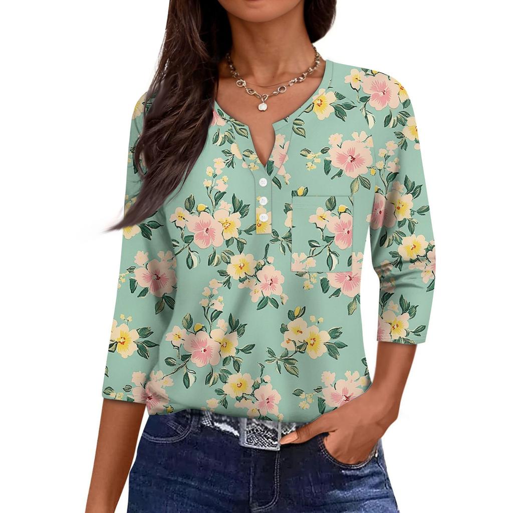 Damska Codzienna Modna Dekolt V Luźna Wszechstronna Kwiatowy Wzór Rękawy Trzyczwarte