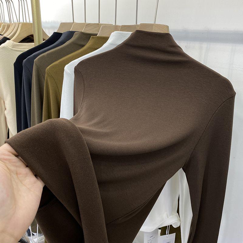 Women's Elastic Slim-Fit Long-Sleeve Half-High Collar Fleece T-Shirt - Soft, Skin-Friendly, 2022 Autumn/Winter Collection