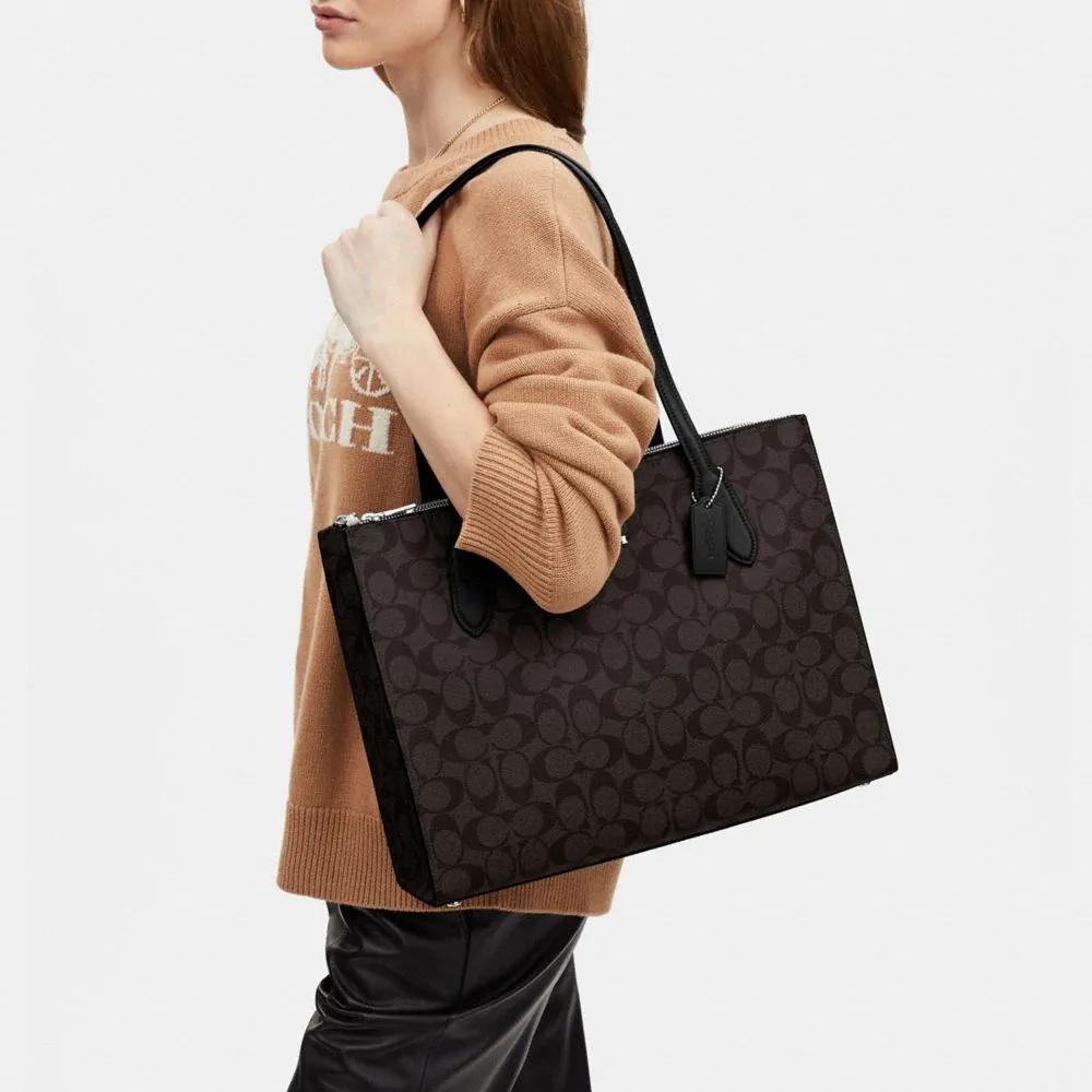COACH Nina Canvas Leather Tote Bag , Shopping Bag , Handbag , Shoulder Bag Large Women's Brown Black (Unisex) Shoulder Bags CL399 SVBRB