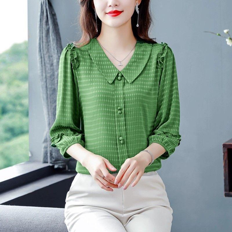 Mom's 3/4 Sleeve Blouse Solid Color Women's Shirt Summer New Doll Collar Chiffon Bottoming Top M-4XL