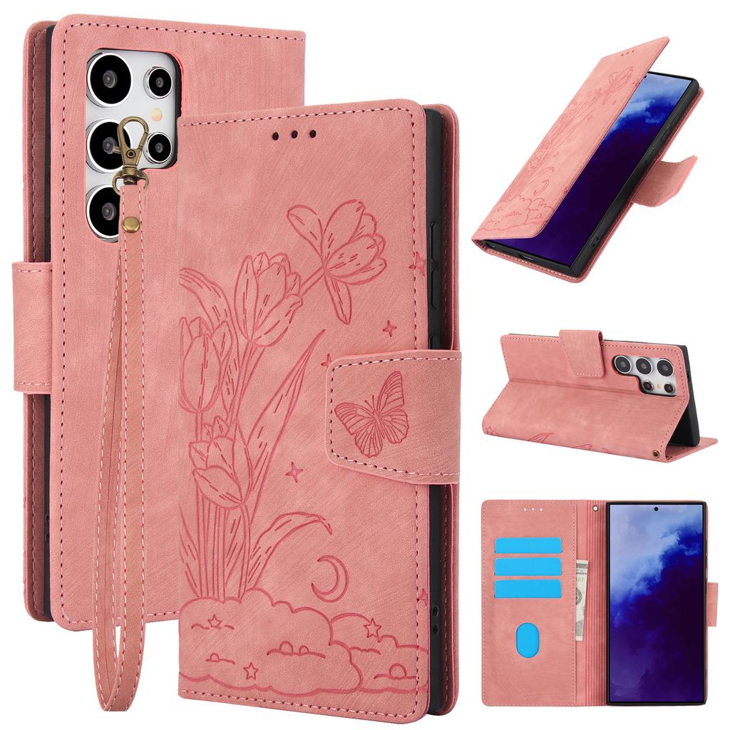 Blumenmuster Lederhülle für Samsung Galaxy S26 Ultra Pro S25 S24 Plus S23 Fe S22 S21 S20 Note 20 Kartenfach Handgelenkschlaufe Abdeckung
