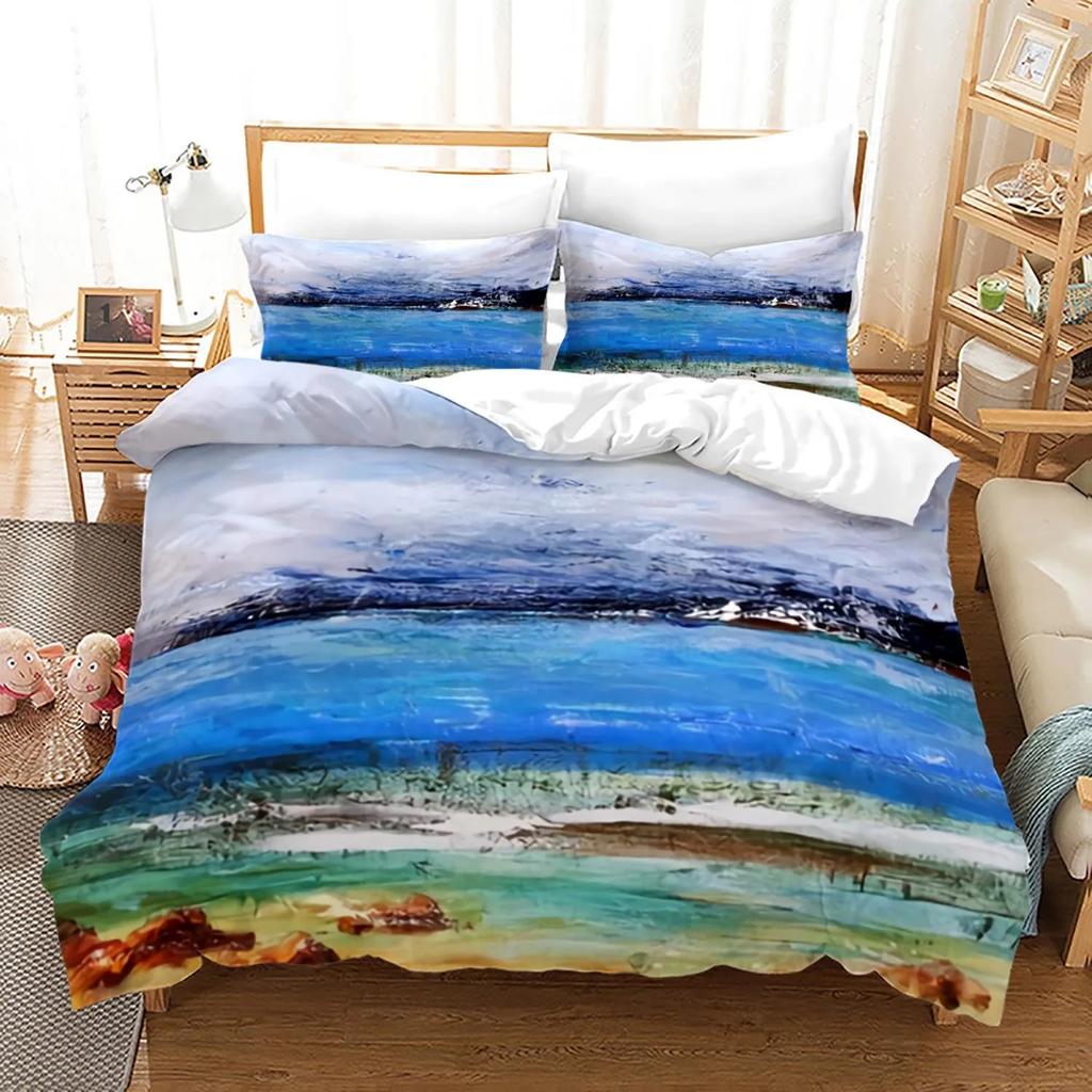 Ocean Bed Linen Package King Dimension Colorful Beach Landscape Bed Cover In Oil Painting Style Famous Hawaii Coastal Polyester Fabric Quilt Cover