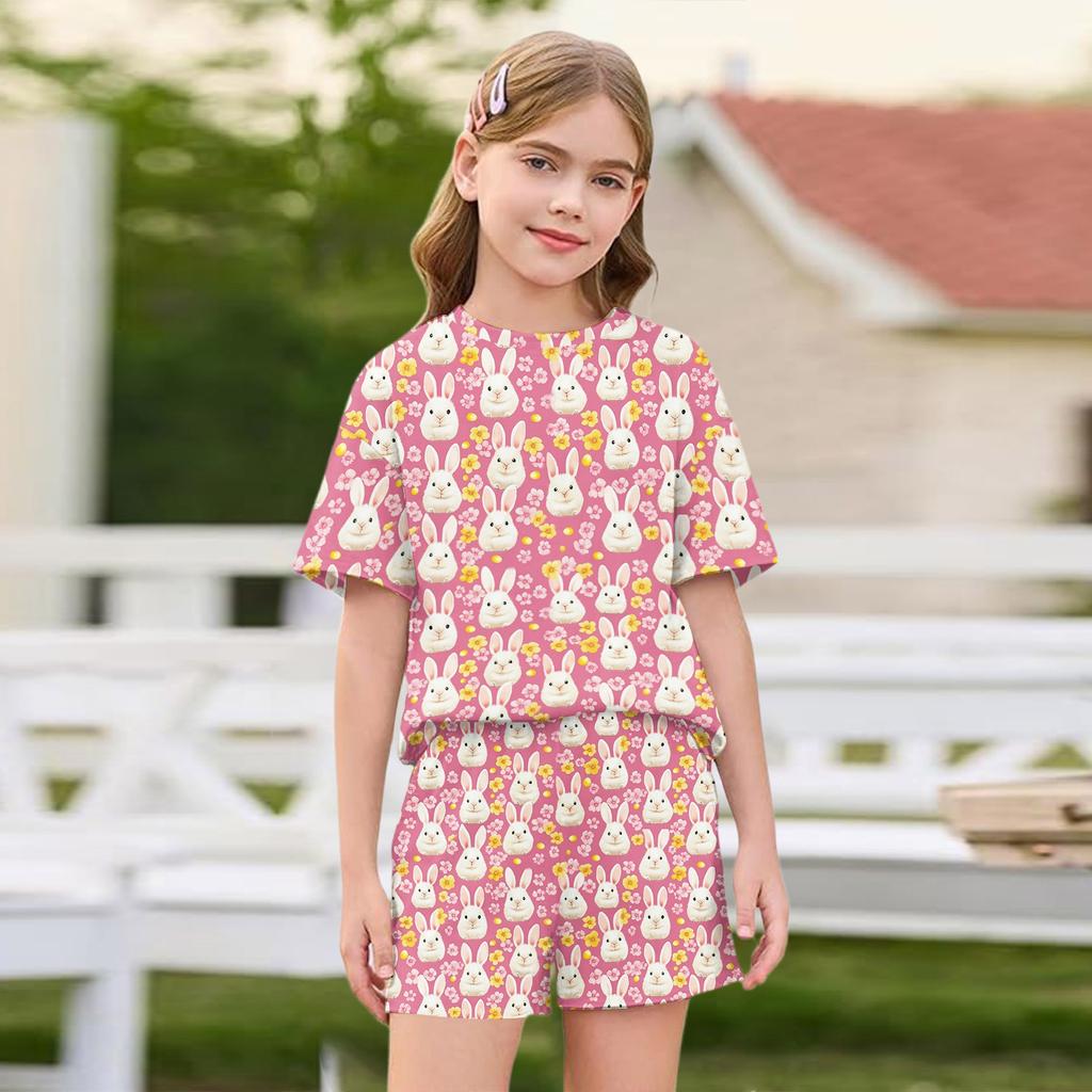 Kid Patriotic Outfit - Short Sleeve & Shorts 2-Piece Set For Girl Easter Day