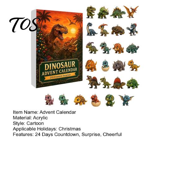Odolná akrylová vánoční ozdoba 24denní dinosauří adventní kalendář 2026, Roztomilý 2D odpočítávací kalendář s krabičkami a figurkami, Sváteční dárky pro děti, Milence