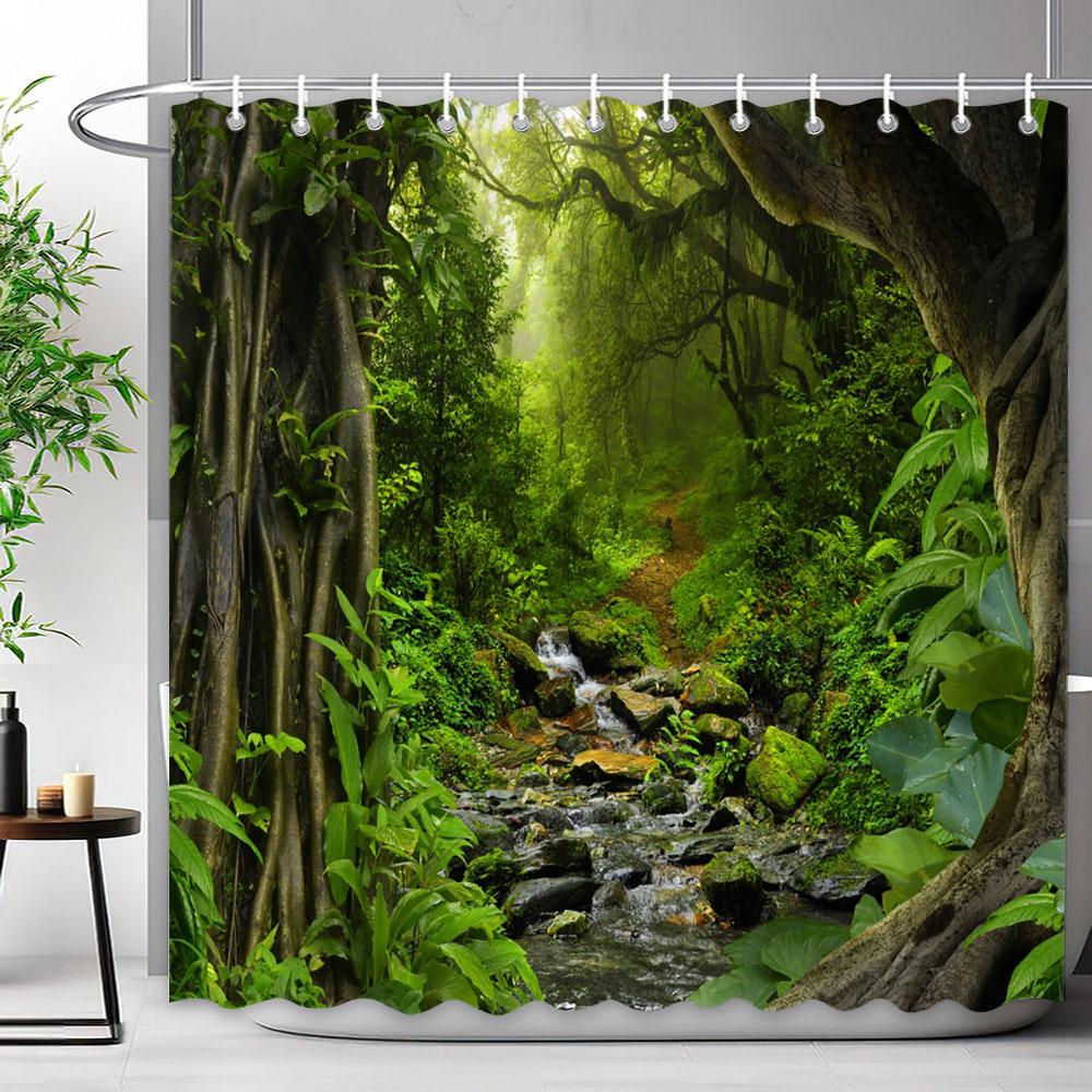 Outdoor Scenic Forest Shower Curtain With Hooks Green Plant Tree Waterfall Landscape Waterproof Shower Curtains Bathroom Decor