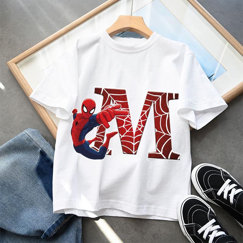 2026 New Childrens Spider Unisex Cartoon Letter Printed Tshirt Cotton Tshirt Boys Short Sleeved Top Childrens Clothing