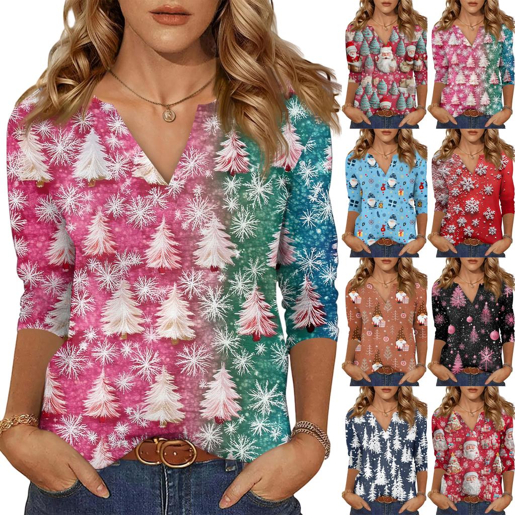 Women's Casual Fashionable Sexy Comfortable V-Neck Christmas Three-Quarter Sleeve Top