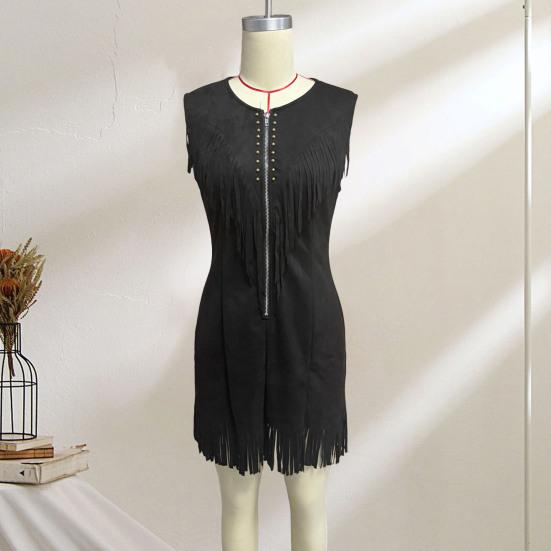 Kadın Sahte Deri Püsküllü Kovboy Elbisesi Boho Yarım Fermuarlı V Yaka A Kesim Askılı Mini Elbise Vintage Püsküllü Kolsuz Mini Elbise