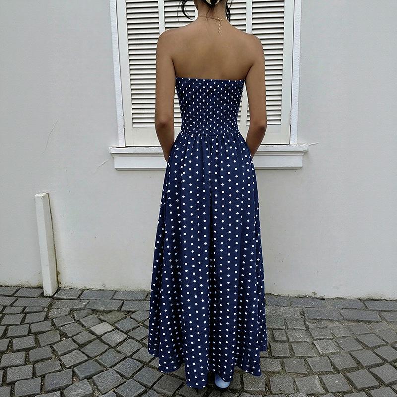 Cross2026 Strapless Long Polka Dot Dress - European & American Style, Sleeveless and Ruched Waist, Summer Collection