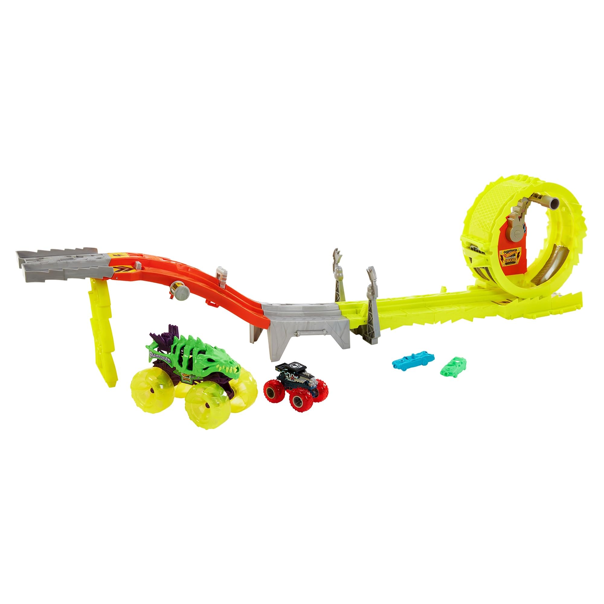 

Hot Wheels Monster Truck Speed Challenge Race Playset with 2 Miniature Cars and Yellow Ages HXT05 (Large Small) - - 4+ -
