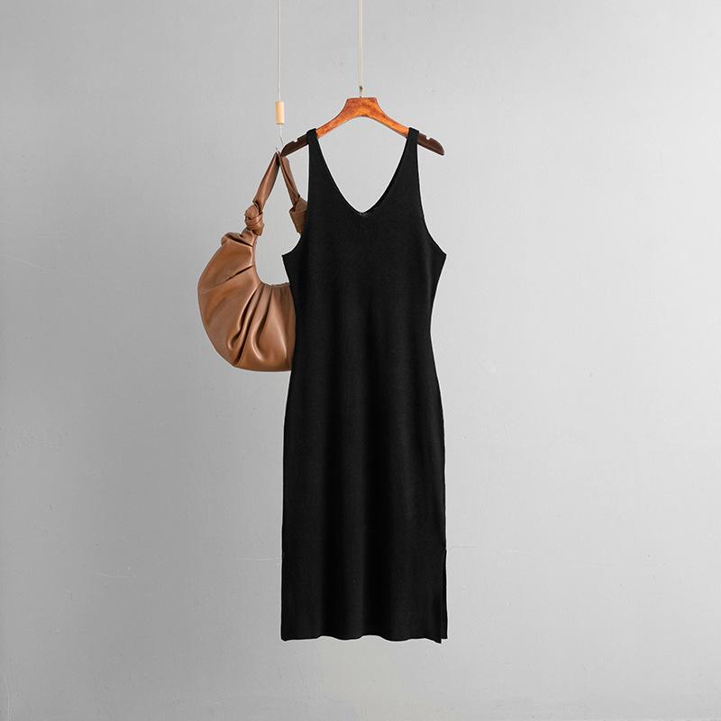 

Women s Summer Thin Camisole Dress V-neck Sleeveless Vest Skirt With Slit Bottom Knit Skirt OneSize чорний