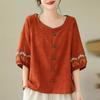 Mother Cotton and Linen Half-sleeved Embroidered Blouse Loose Fashion Western Style Short-sleeved T-shirt Women's Summer Women's Clothing
