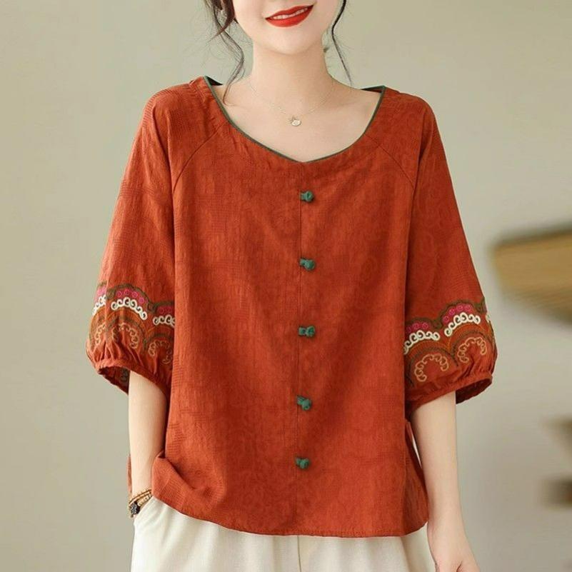 Mother Cotton and Linen Half-sleeved Embroidered Blouse Loose Fashion Western Style Short-sleeved T-shirt Women's Summer Women's Clothing