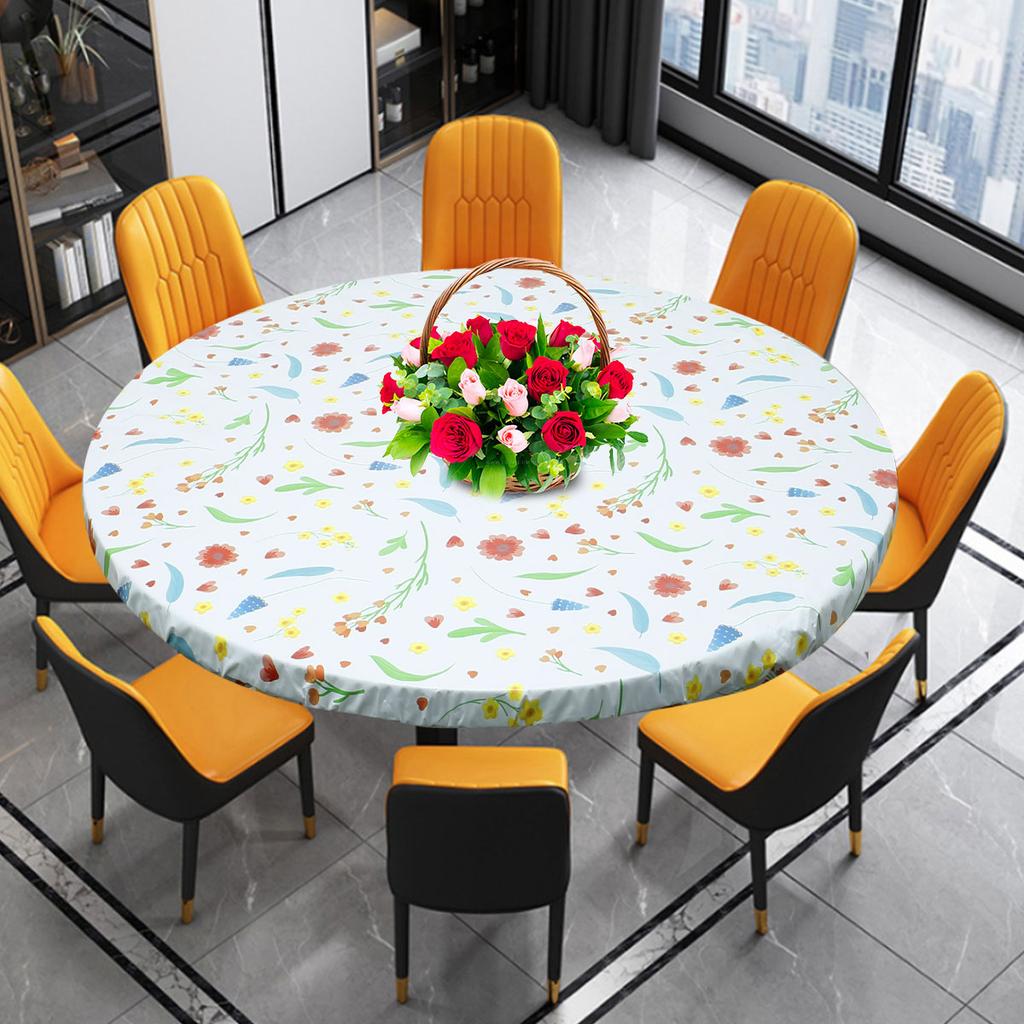 Round Table Cover Elastic Edged Tablecloth Indoor Outdoor Fitted Vinyl Table Cloth Oil Waterproof Wipeable Table Protector Cover