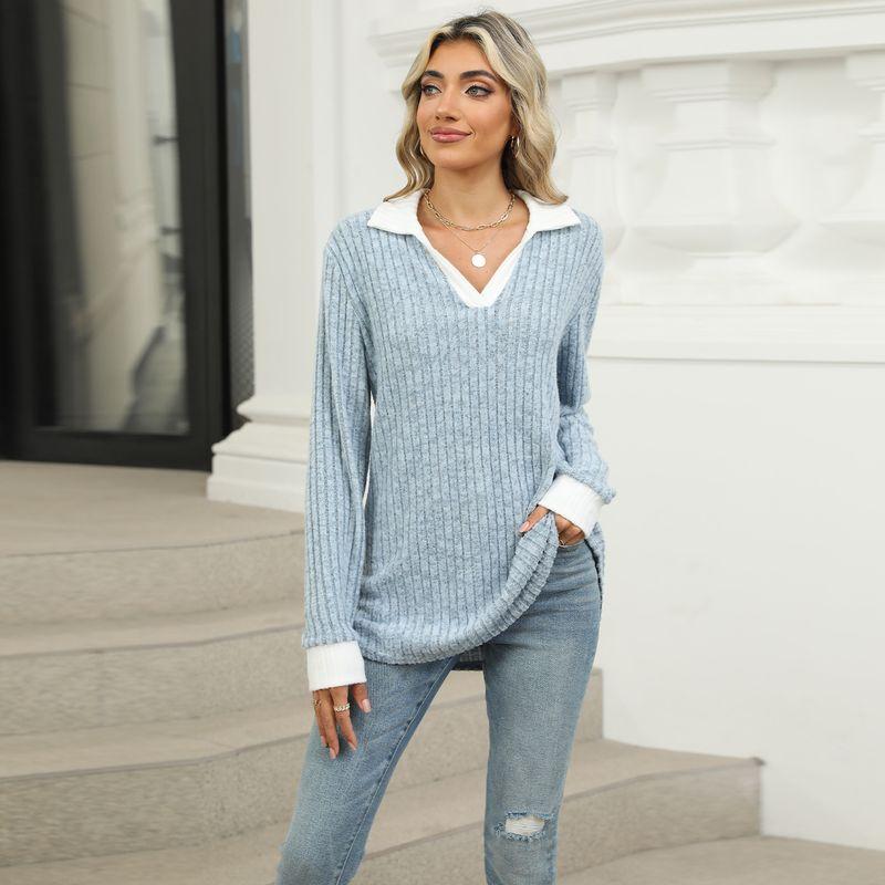 

2024 Autumn Contrasting Lapel Long Sleeved Loose T-shirt Top Light Blue XXL