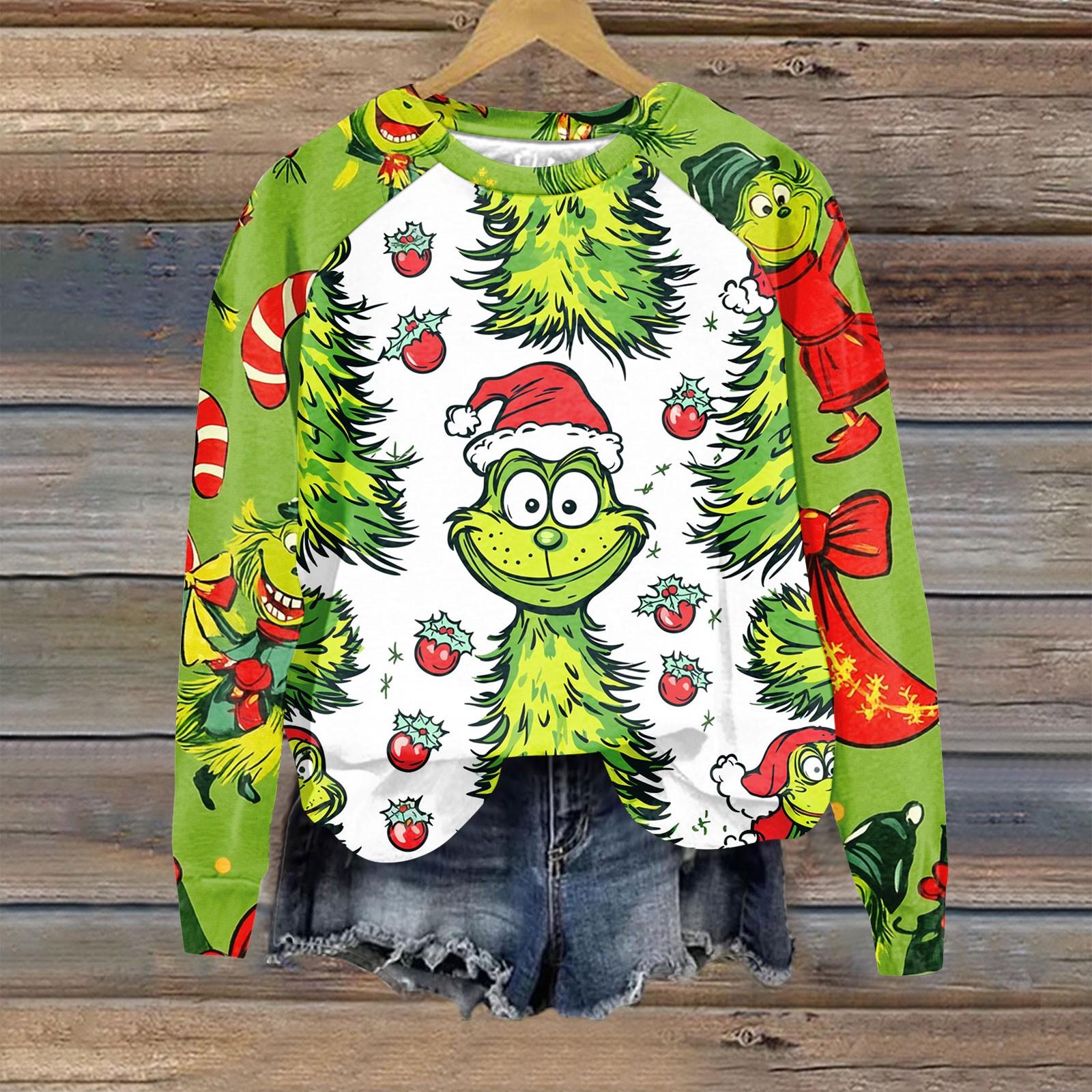 

Женская мода повседневная толстовка с длинным рукавом и рождественским принтом реглан с круглым вырезом S