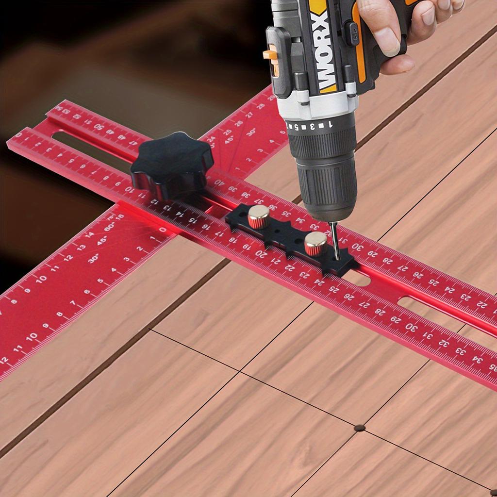 Woodworking Drilling Positioning Ruler, Multi Angle Measuring Ruler Aluminum Alloy T-Shape Rulers with Dual-Axises Bubble  , Drill Dowelling Tool