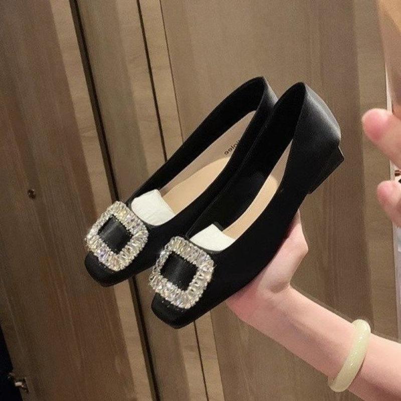 Fashion Water Diamond Shallow Mouth High Heels Women French Square Head Silver Flat Single Shoes Women's Spring Autumn New Style
