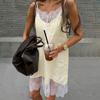 Elegant Damblusklänning med Dubbla Lager Spetsinslag Ljusbeige Linne Spagettistropp Camisole Klänning Lös Passform V-ringning Daglig Semester Strandkläder Sommarklänning