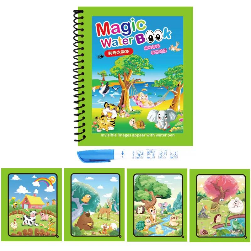 Magical Book Water Drawing Reusable Coloring Book Magic Water Drawing Book with Pen Ocean Dinosaur Animal Water Drawing Pictures