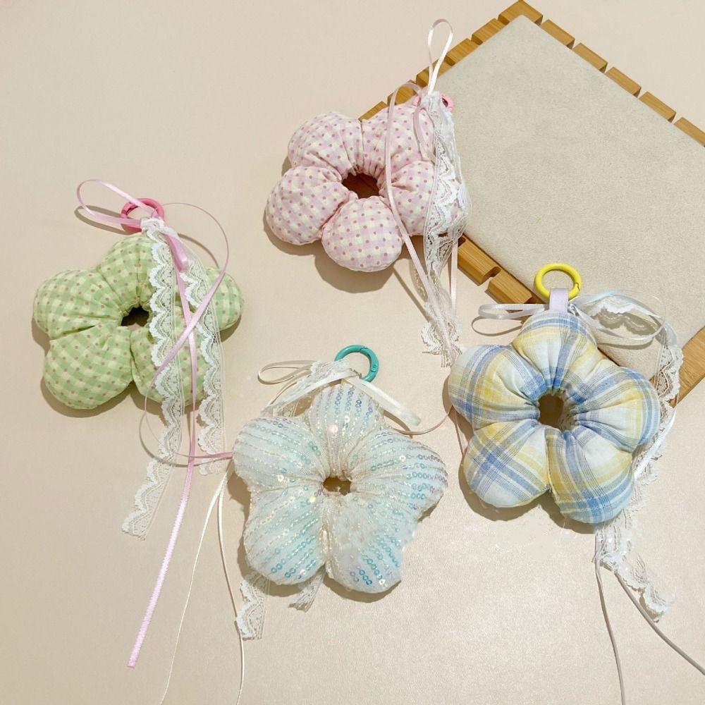 Polka Dot Stuffed Flower Keychain Korean Style Hair Rope Key Ring Lovely Cute Bag Decoration  Girls
