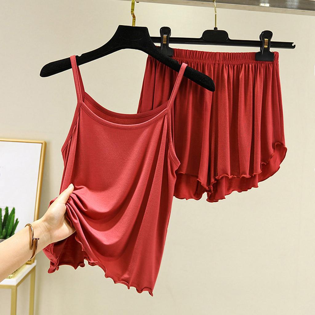 Women's Solid Color Loose Casual Comfortable Suspender Shorts And Pajamas Two-piece Set