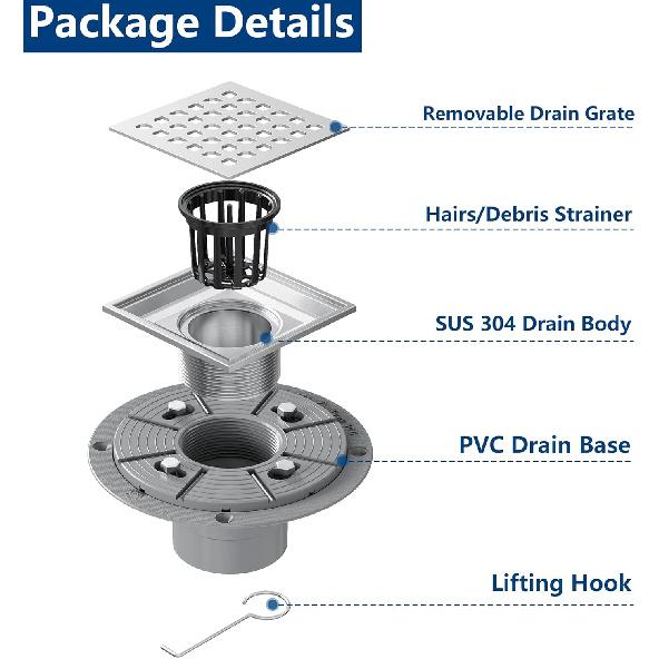 Neodrain Square Shower Drain,4 inch Stainless Steel 304 Grate and PVC Drain Body, Grate with Brushed Nickel Finish, Kit Includes Hair