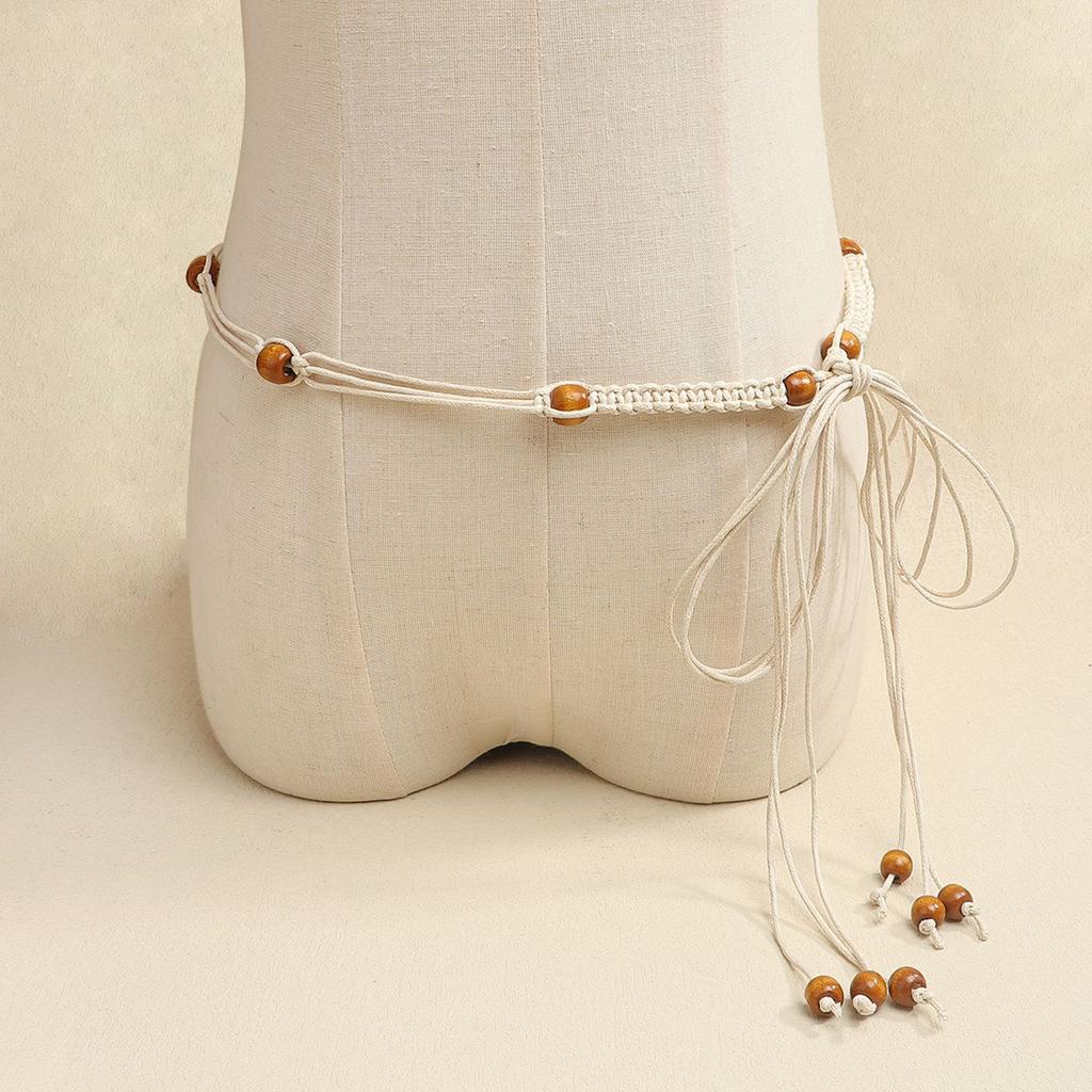 Böhmischer geflochtener Taillengürtel Dekorative Taillenkette für Damen Verstellbarer Baumwollfaden-Gürtel mit Holzperlen