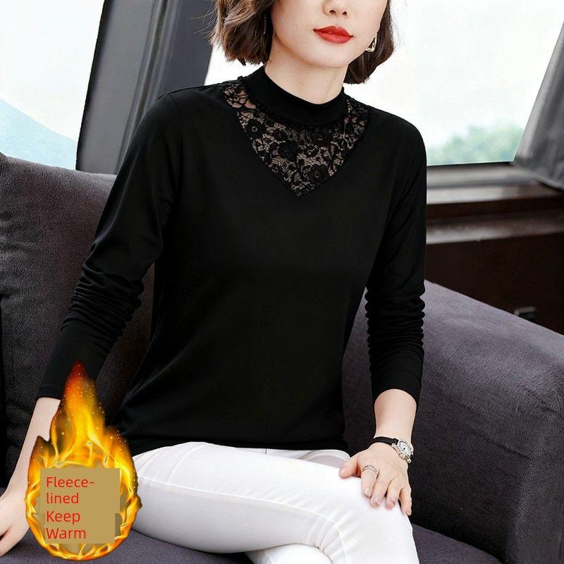 Pure Cotton Half-Turtleneck Lace Base Shirt for Women, New Spring, Autumn, and Winter Style, Fleece-Lined Long-Sleeve Slim-Fit Inner Top, Trendy