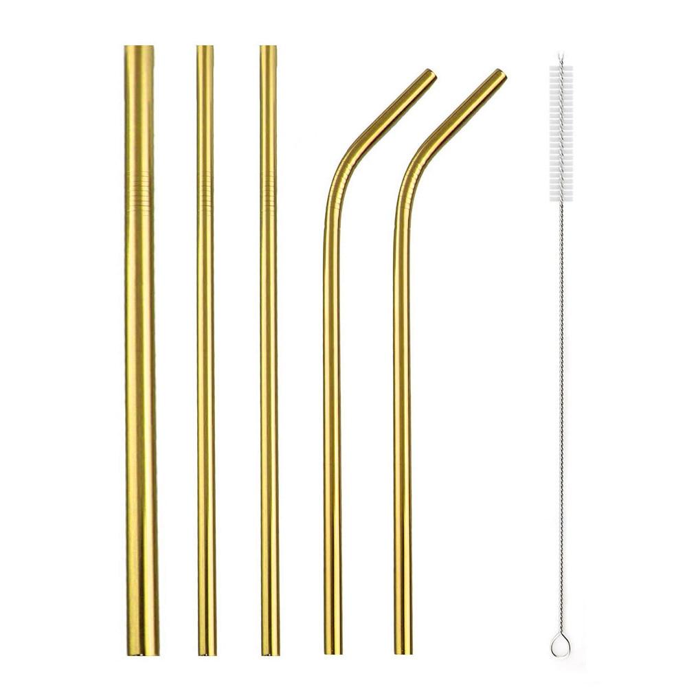 Reusable Metal Drinking Straws 304 Stainless Steel Sturdy Bent Straight Drinks Straws with Cleaner Brush