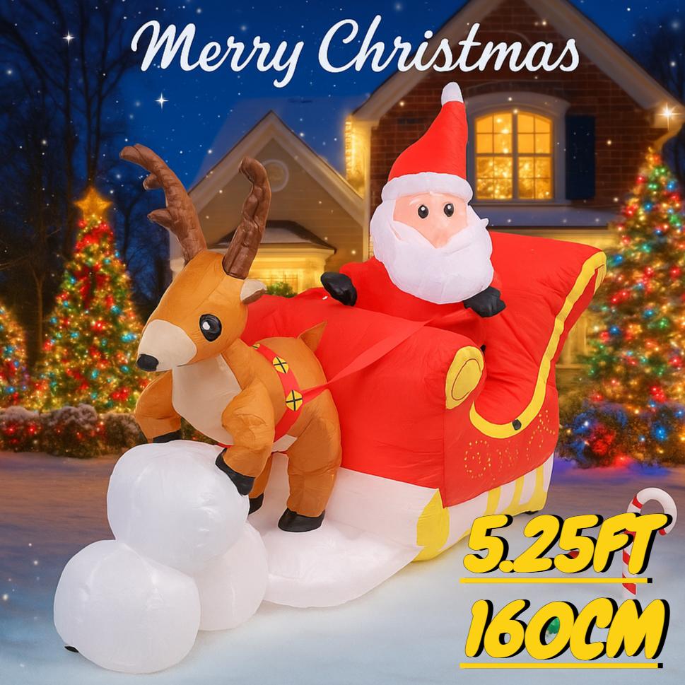 5.25FT Inflatable Toy Santa Reindeer Sleigh Toy With LED Light Xmas Yard Party Decoration Christmas Home Supplies Ornaments Gift