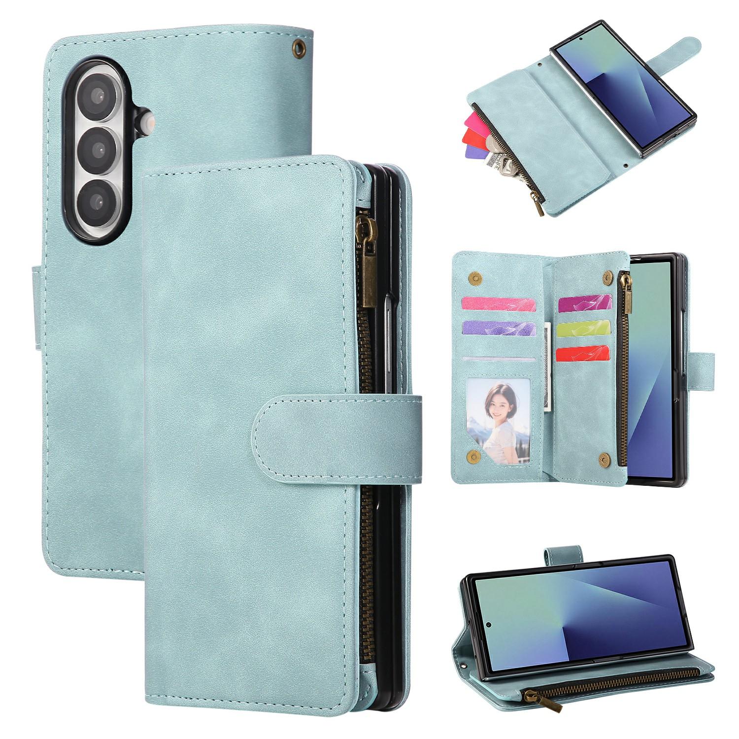 

For Samsung Galaxy Z Fold7 5G Case Zipper Wallet Leather Phone Cover with Shoulder Strap Baby Blue
